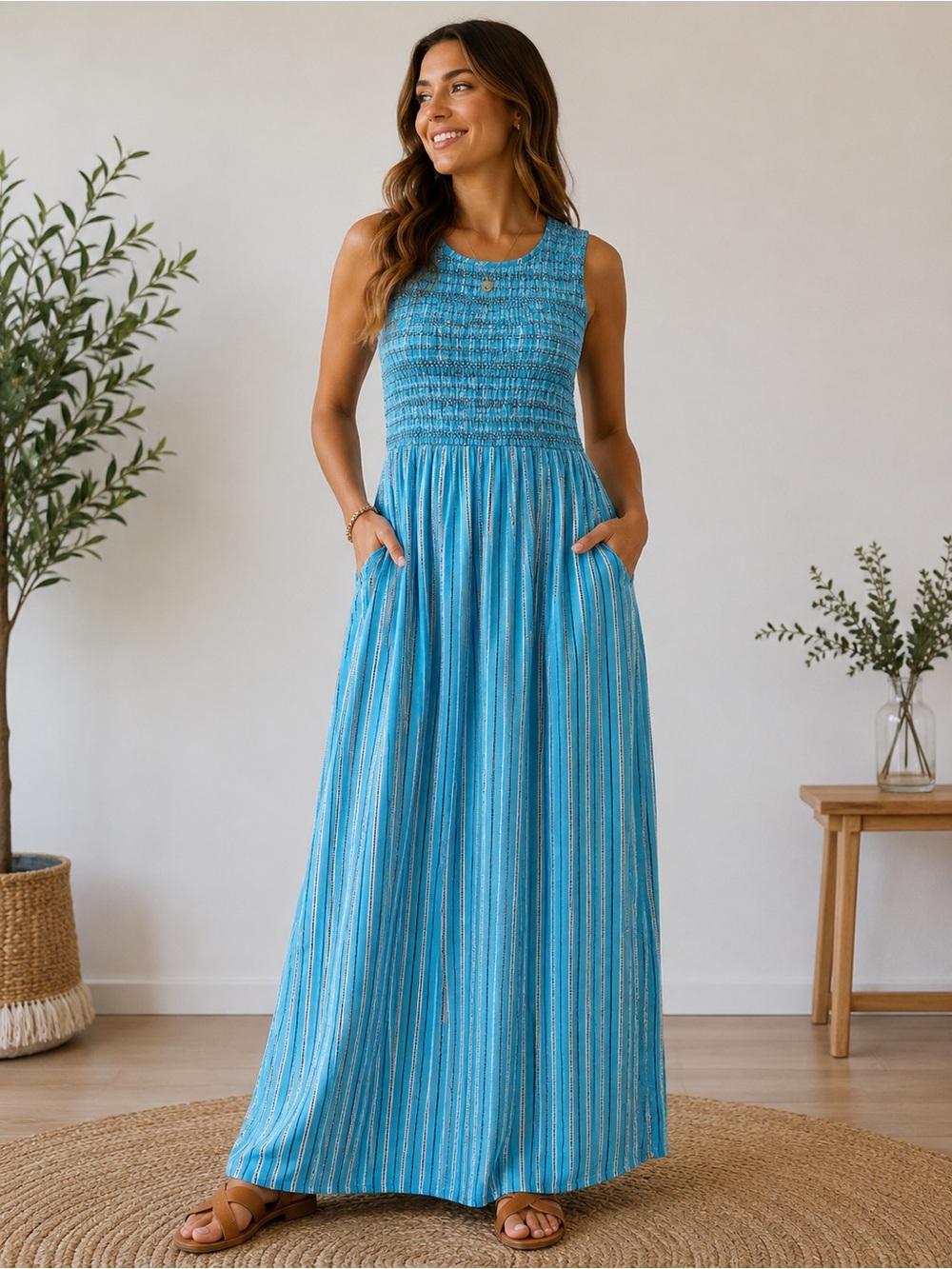 Chakeris Charleston Aqua Blue Striped Cotton Maxi Dress, Size Medium